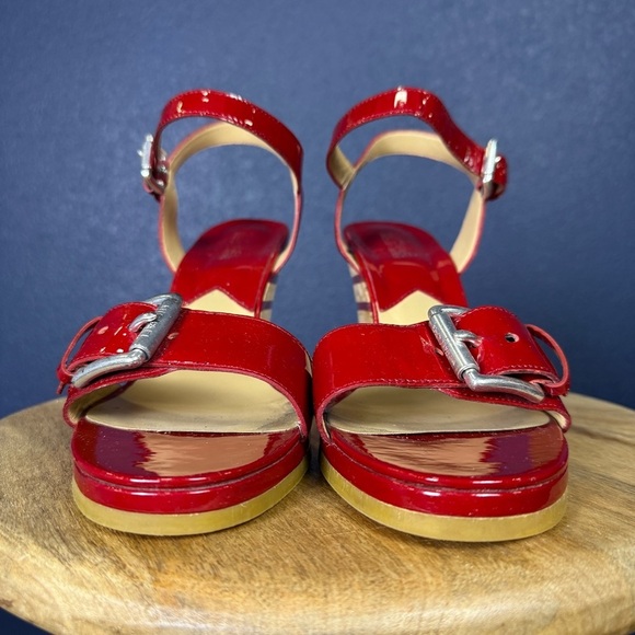 Michael Kors "Pacific" Patent Leather Striped Slingback Wedge Sandals, Size 10 - Picture 6 of 9
